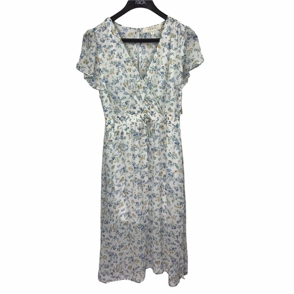 Row A Smocked Waist Maxi Dress White Floral Peasant Boho Flutter Sleeve Size S - Picture 2 of 5